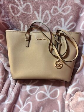 Michael Kors Nude Beige Saffiano Leather Tote with MK Charm
